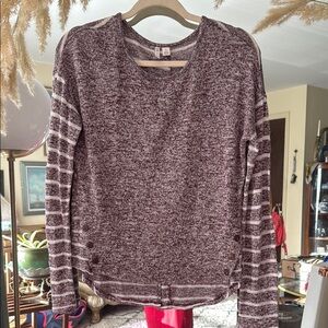 Cato Purple Long Sleeve Striped Sweater with Button Accents and Elbow Patches